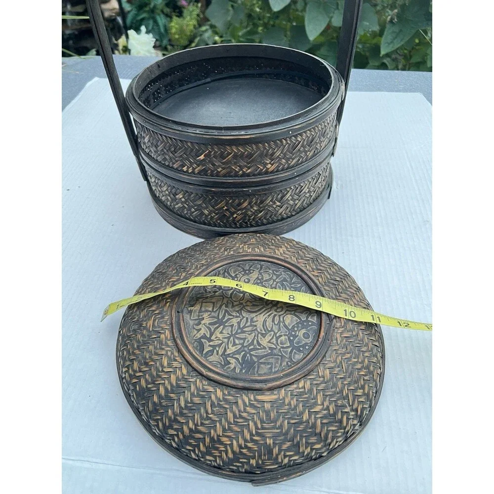 1900 Chinese 2-Tier Woven Bamboo Wedding Basket Metal Floral Medallion